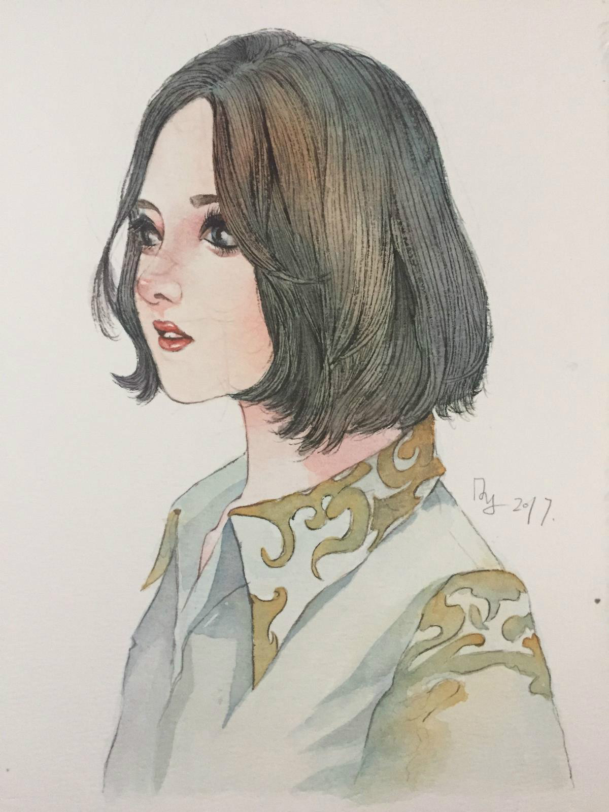 唯美手绘水彩少女人物插画