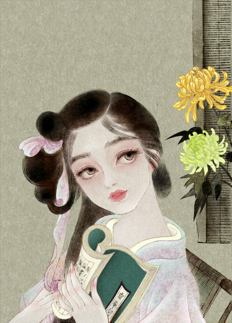 唯美中国风女子手绘插画