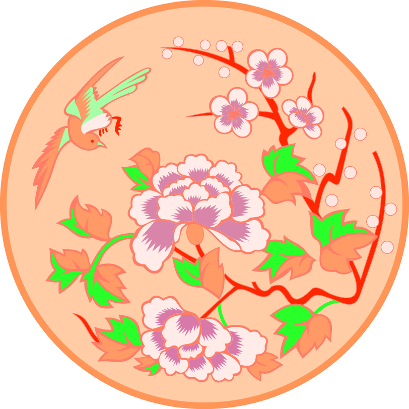 中国传统刺绣鸟语花香圆形图案，矢量素材
